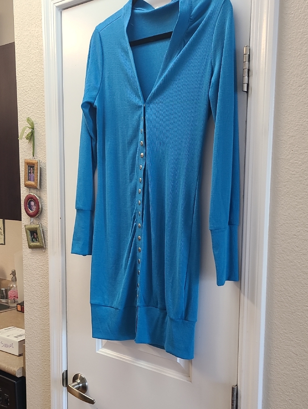 NEW! Turquoise Snap Front Long Cardigan. 100% Cotton Size M. Super Cute!!